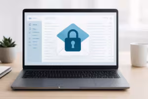 Computer portatile moderno con interfaccia di posta elettronica aperta per una gestione sicura della webmail
