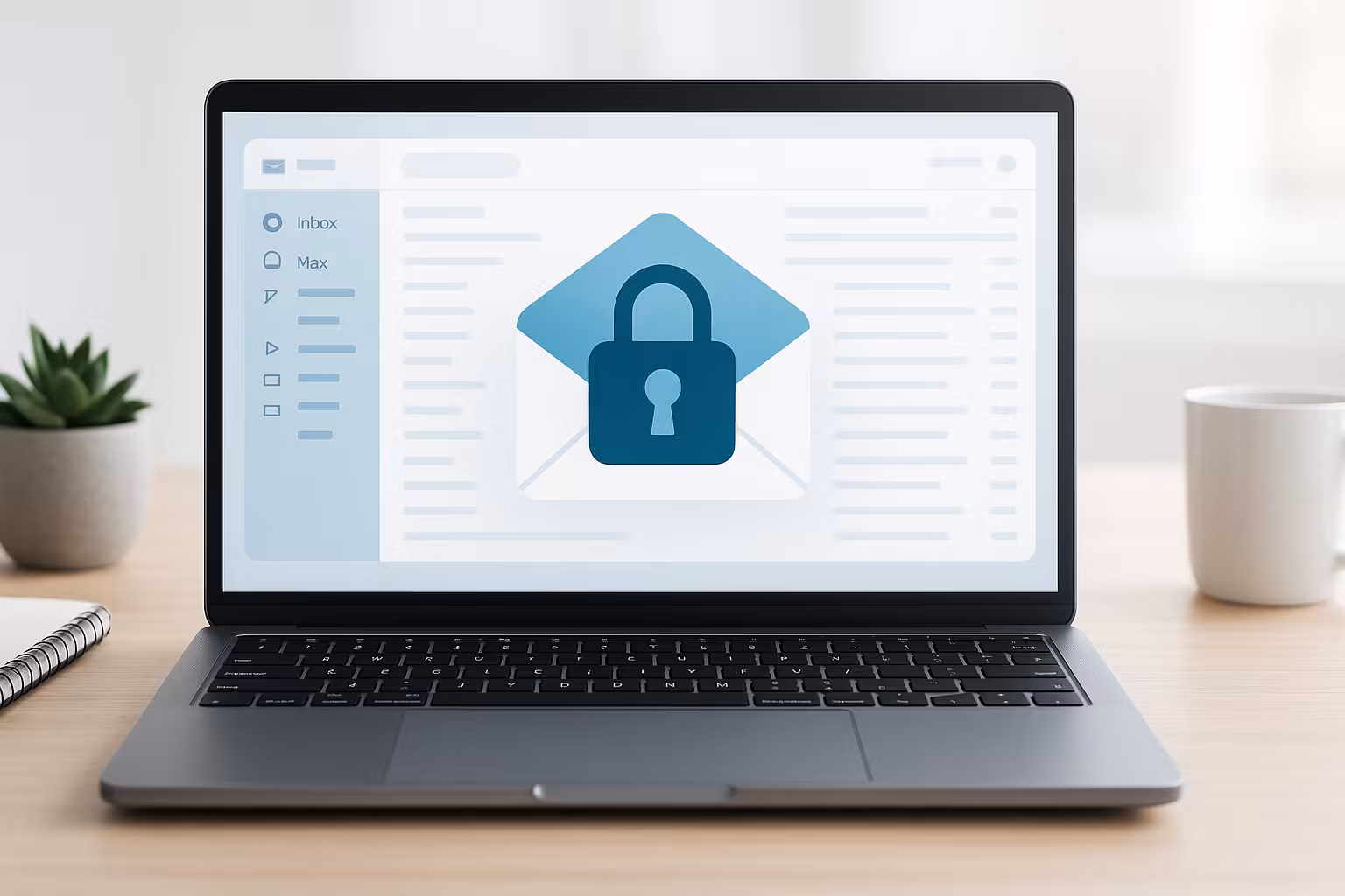 Šiuolaikinis nešiojamasis kompiuteris su atvira el. pašto sąsaja, skirta saugiam internetinio el. pašto valdymui.