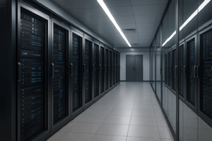 Sala de servidores moderna para provedores de espaço na web com servidores iluminados.