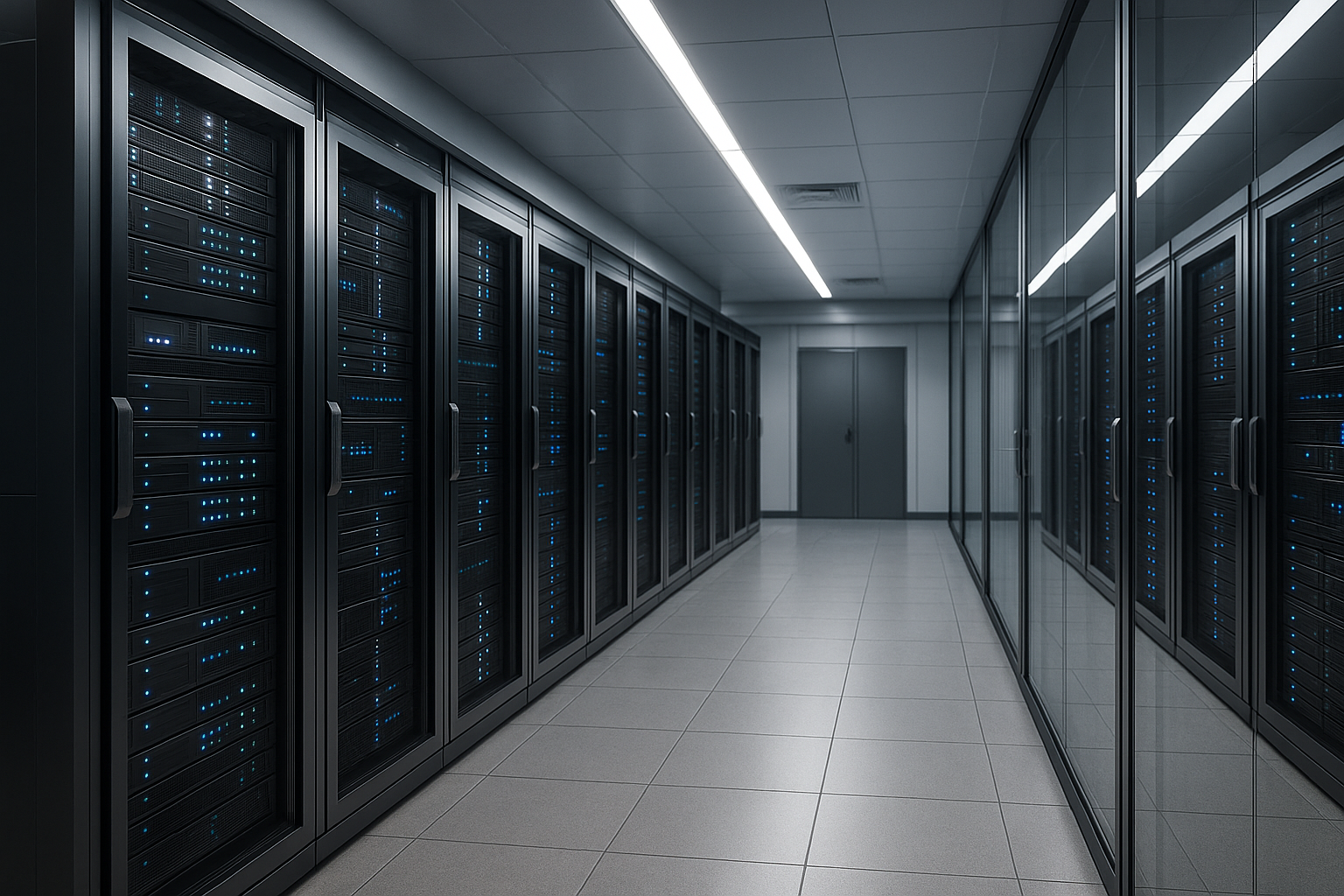 Sala de servidores moderna para fornecedores de espaço Web com servidores iluminados.
