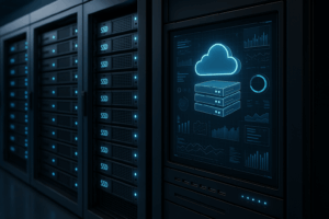 Современная серверная комната с технологией SSD как символ продвинутого веб-пространства.