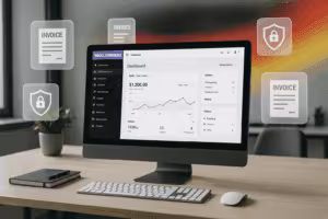 Fatturazione WooCommerce e GDPR: Negozio online davanti al computer con fatture digitali