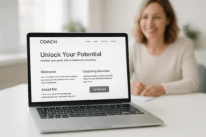 Site moderno de treinamento em WordPress em um laptop com um espaço de trabalho bem iluminado.