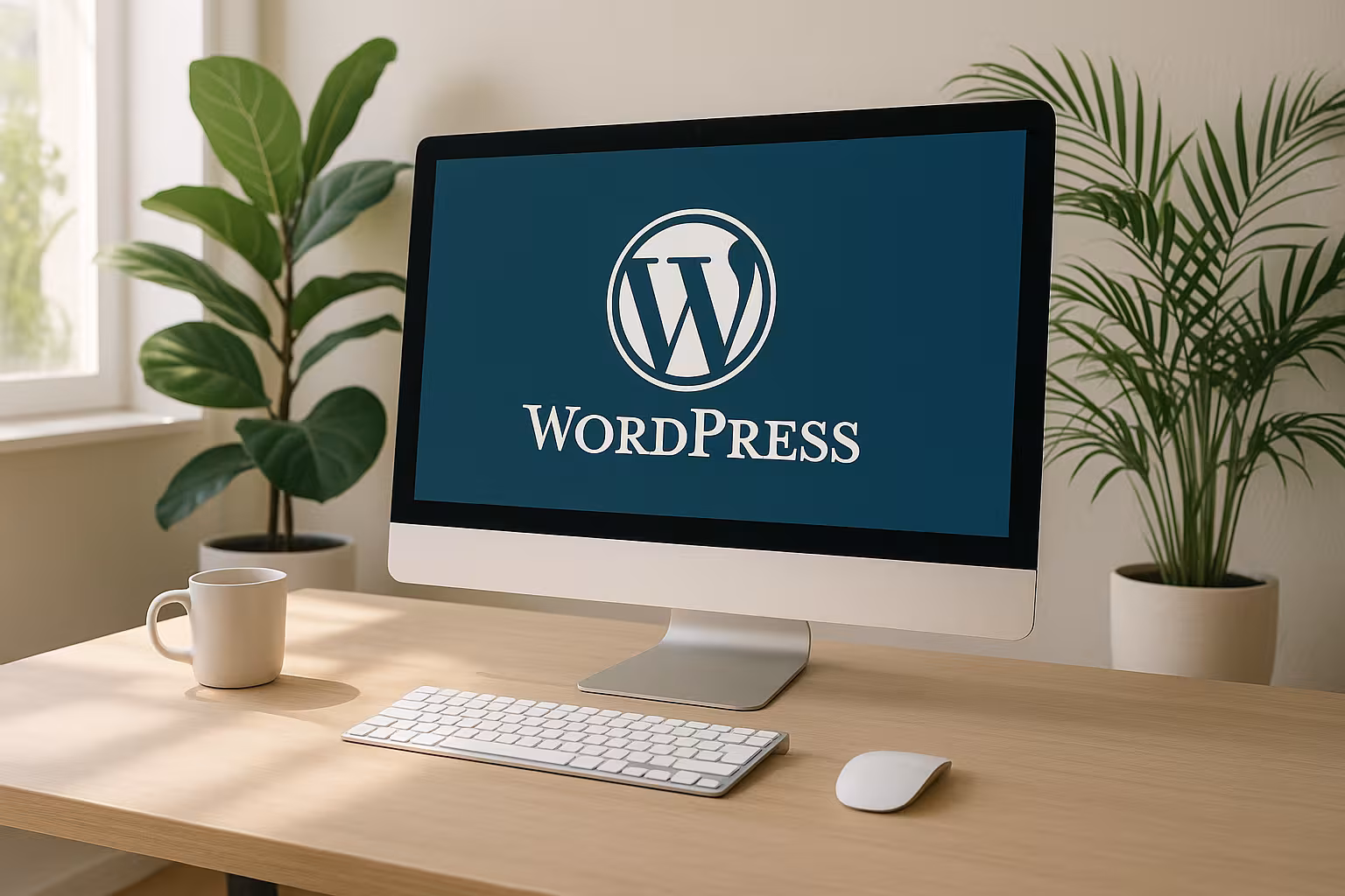 モニターにWordPressのロゴが表示され、フレンドリーな雰囲気のモダンなデスク。