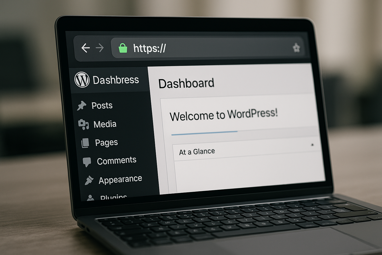 HTTPSのURLとセキュリティアイコンが見えるWordPressのバックエンド