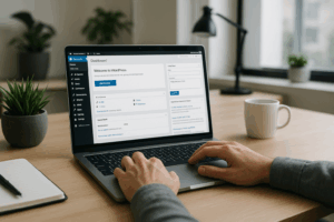 Sülearvuti, mille WordPressi kasutajaliides on avatud ja käed klaviatuuril kaasaegses kontoris.