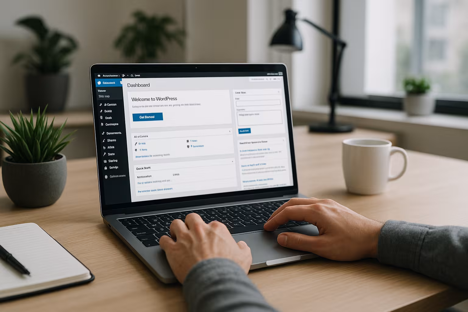 モダンなオフィスで、ワードプレスのインターフェイスを開き、キーボードに手を置いたノートパソコン。