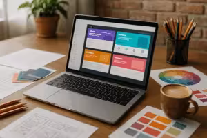 Poste de travail photoréaliste avec ordinateur portable avec WordPress Page Builder