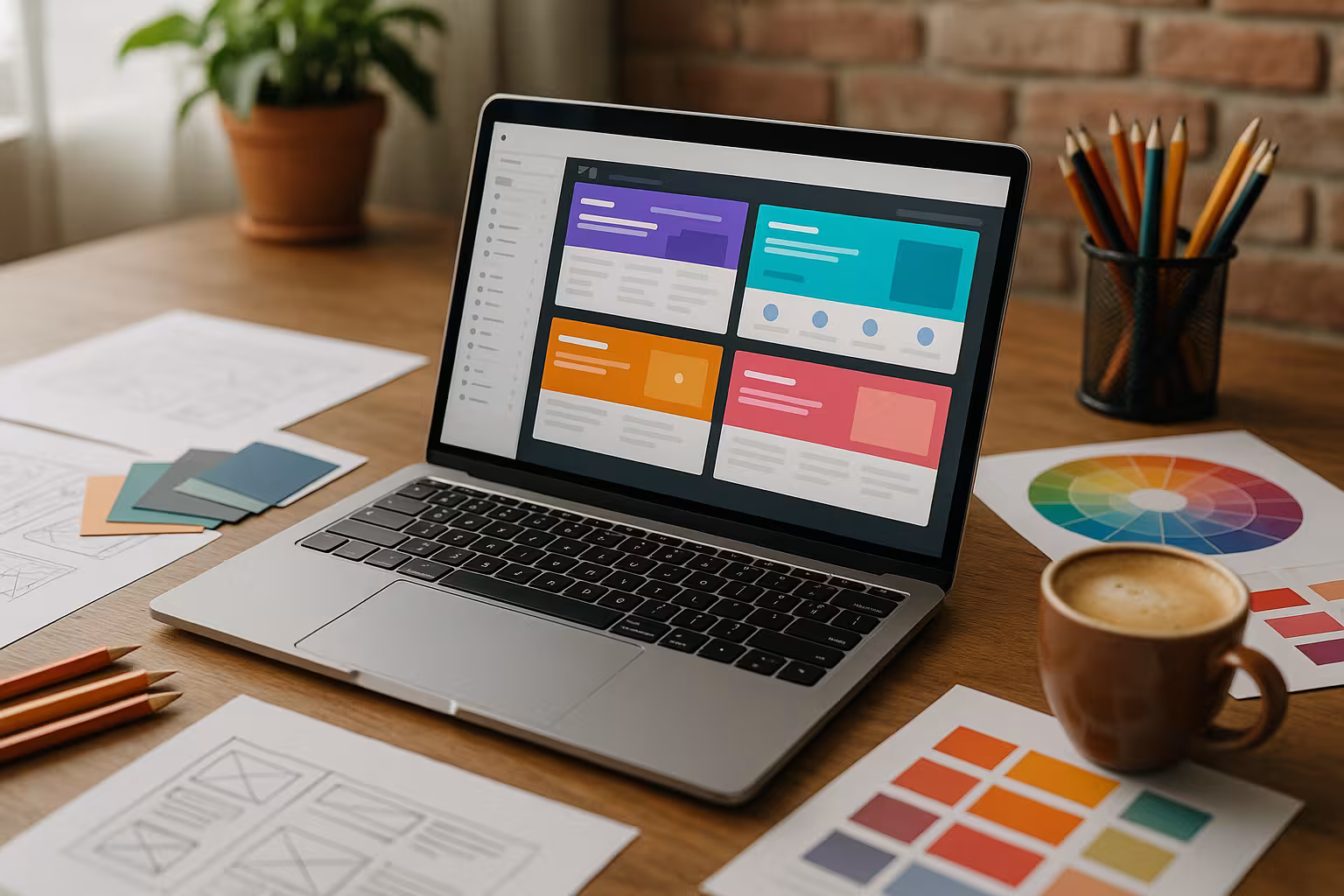 WordPressページビルダーでラップトップとフォトリアリスティックな職場