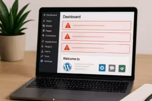 Laptop z pulpitem WordPress wyświetla komunikaty o błędach konfliktu wtyczek
