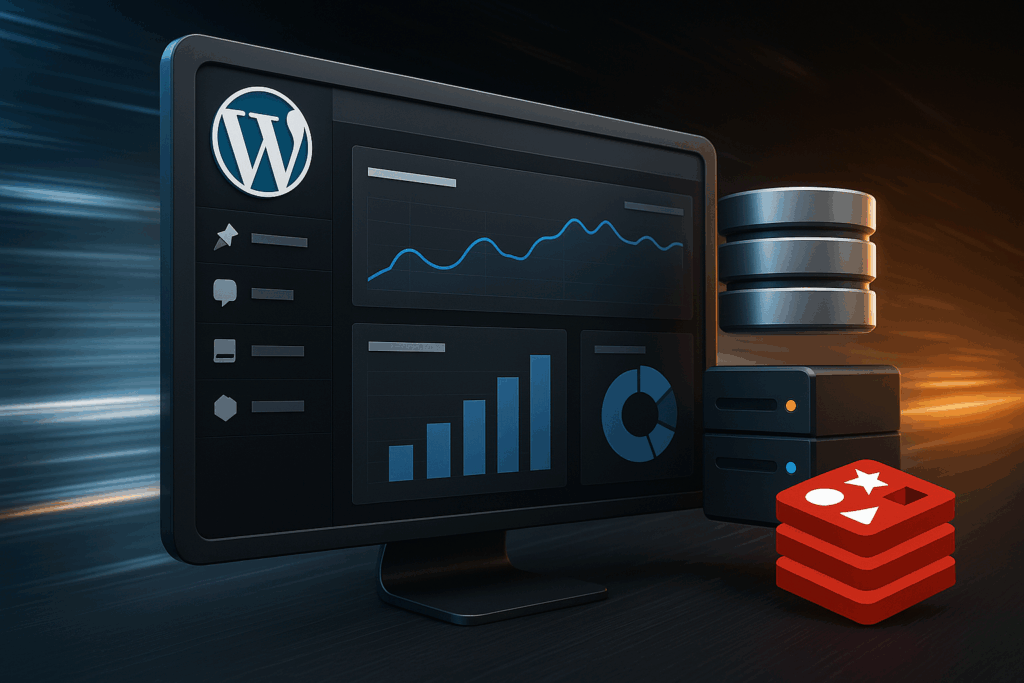 WordPress przyspieszony przez buforowanie Redis z nowoczesnymi ikonami serwera i bazy danych