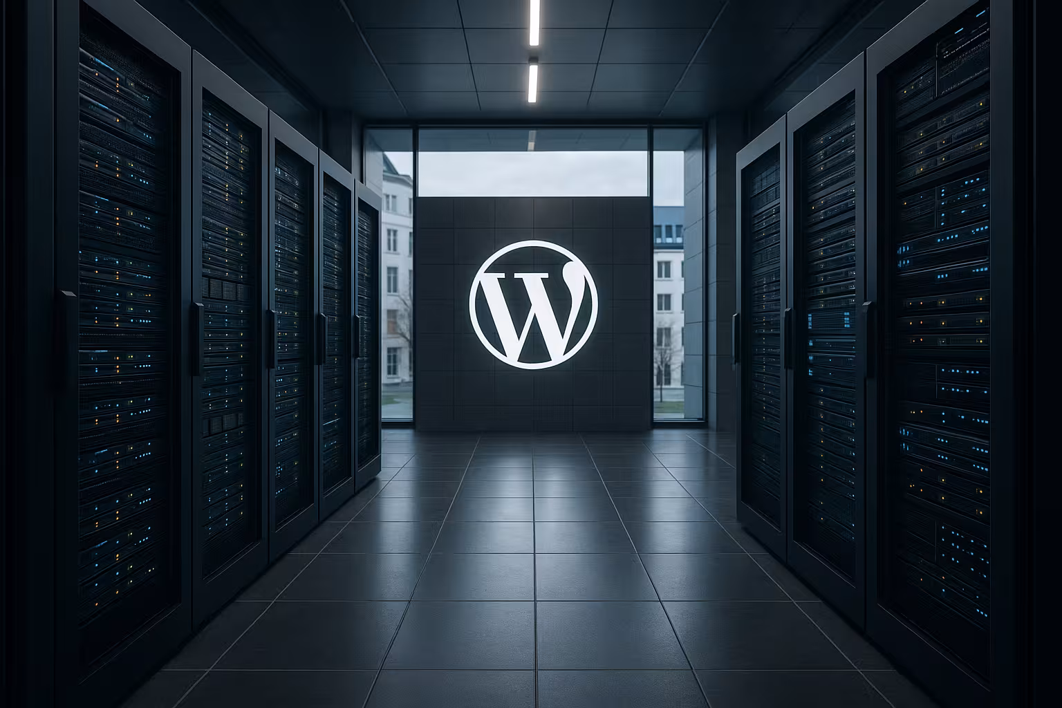 WordPressホスティング2025：WordPressのロゴと強力なサーバーを備えたモダンなサーバールーム