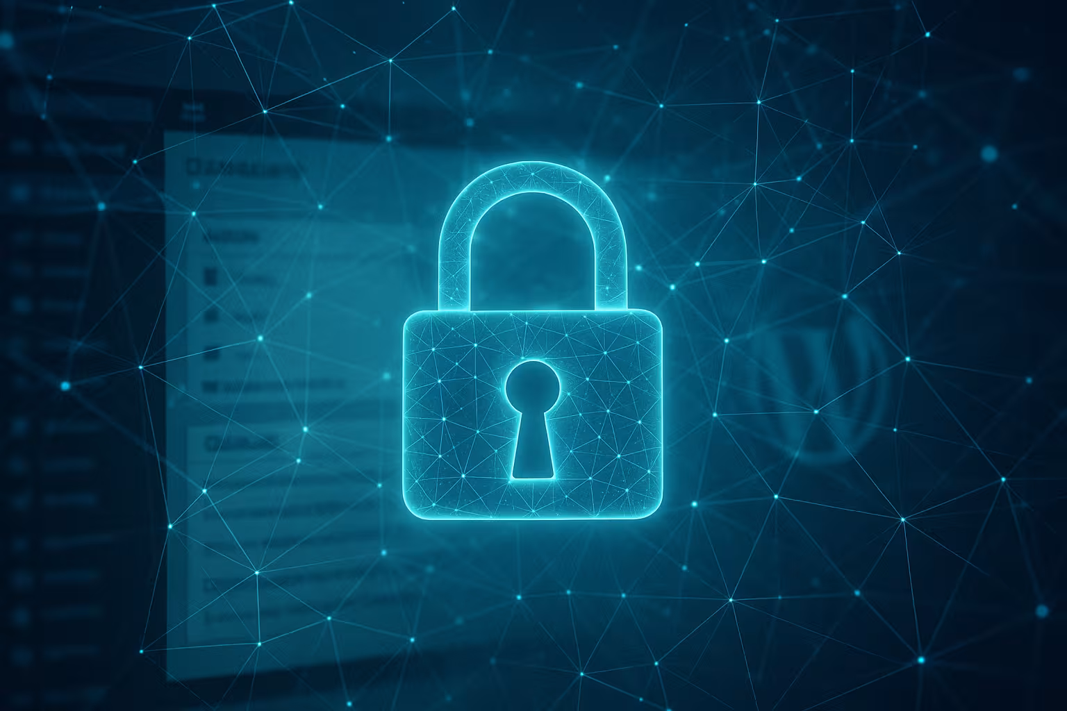 セキュリティアイコン付きWordPressダッシュボード - ログイン保護とセキュリティ対策のシンボル画像