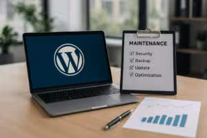 Scenă fotorealistă cu laptop, logo WordPress și instrumente de întreținere pe un birou.