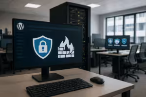 Moderne kontor med server og WordPress-sikkerhedsplugins på skærmen