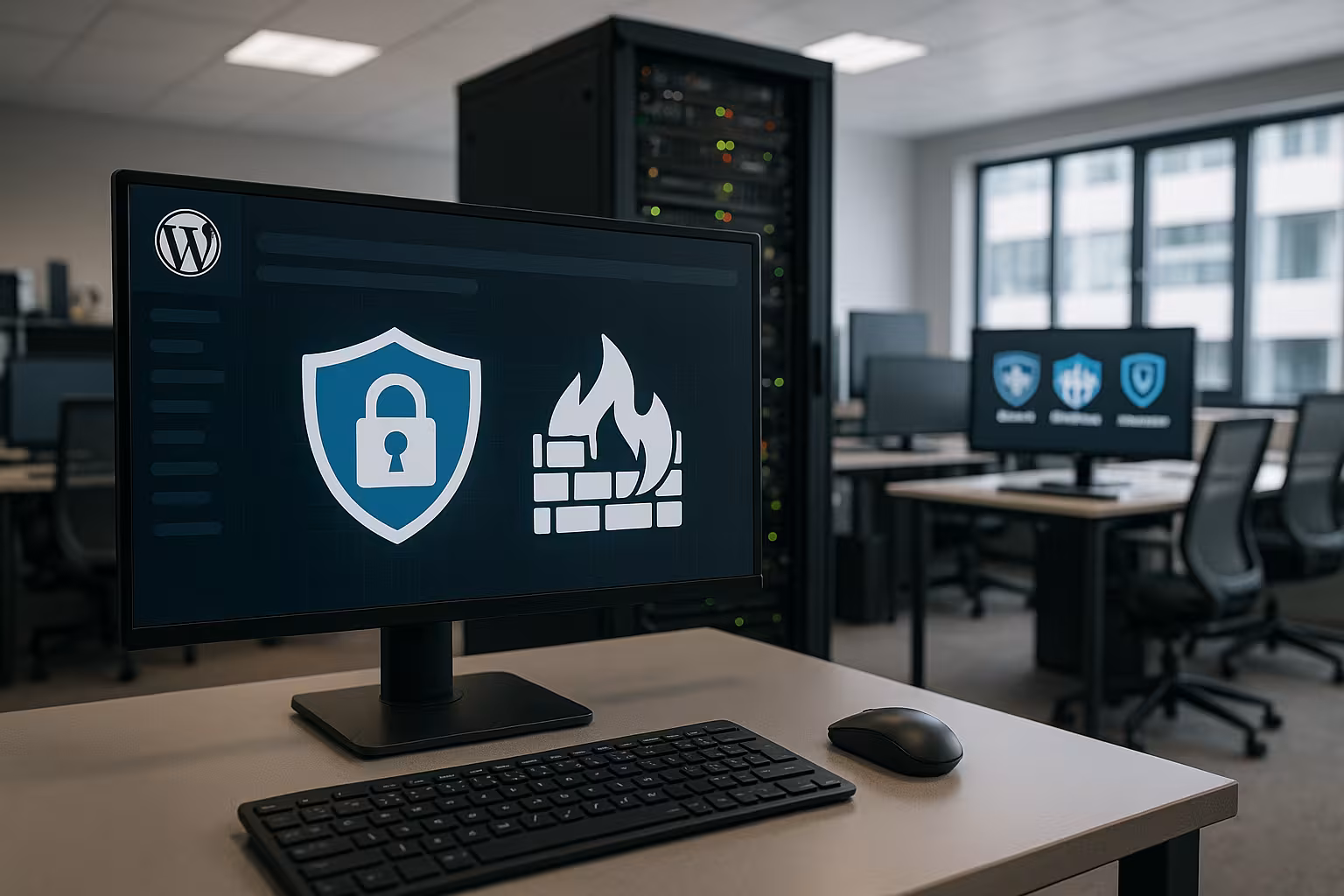 サーバーとWordPressのセキュリティ・プラグインをモニターに備えた近代的なオフィス