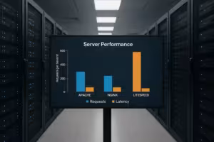 Serverrum med en stor skærm, der viser webservernes ydeevne