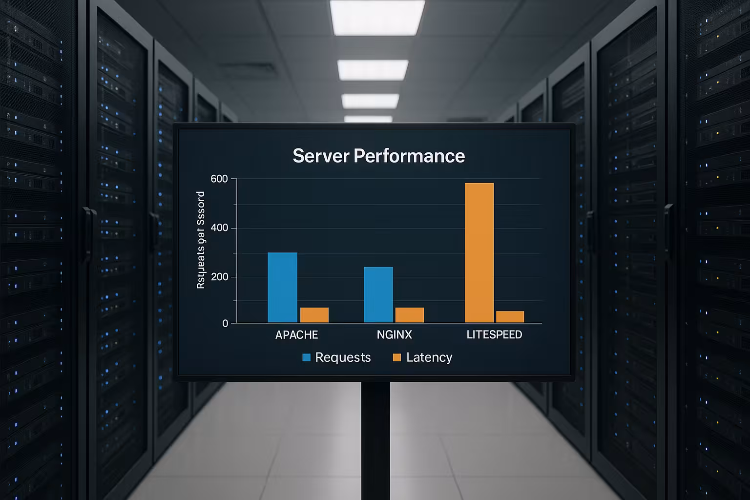Camera serverelor cu un monitor mare care arată performanța serverelor web