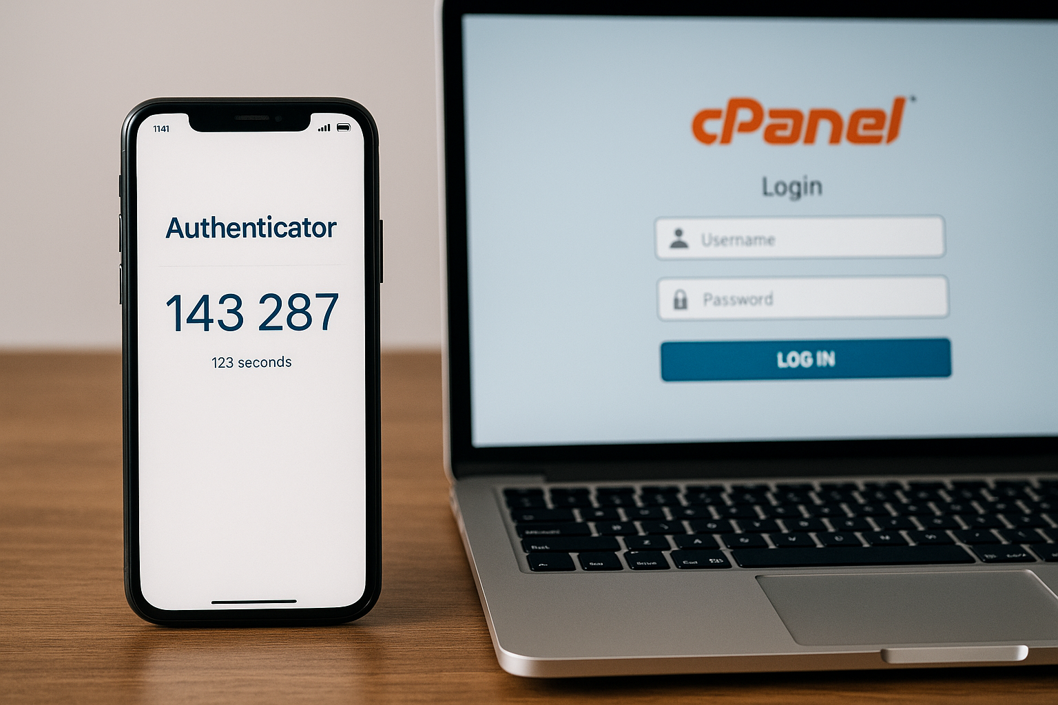 Smartphone con aplicación de autenticación y portátil con acceso a cPanel