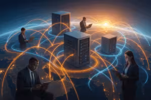 Reprezentare fotorealistă a unei rețele globale de servere CDN cu fluxuri de date