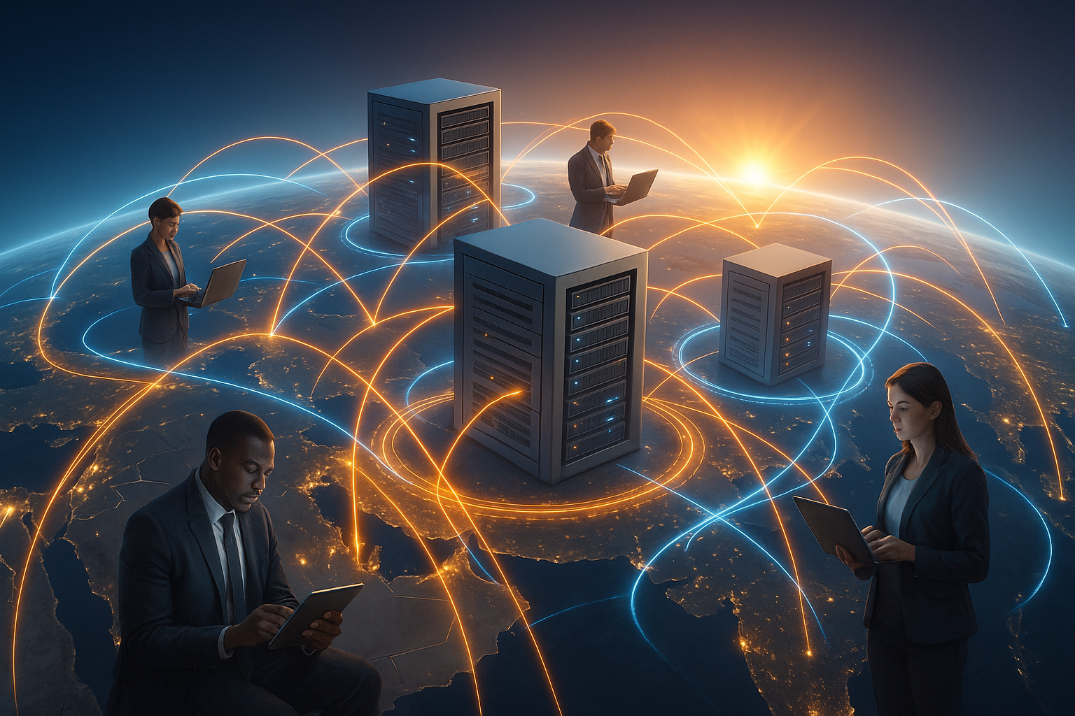 Reprezentare fotorealistă a unei rețele globale de servere CDN cu fluxuri de date