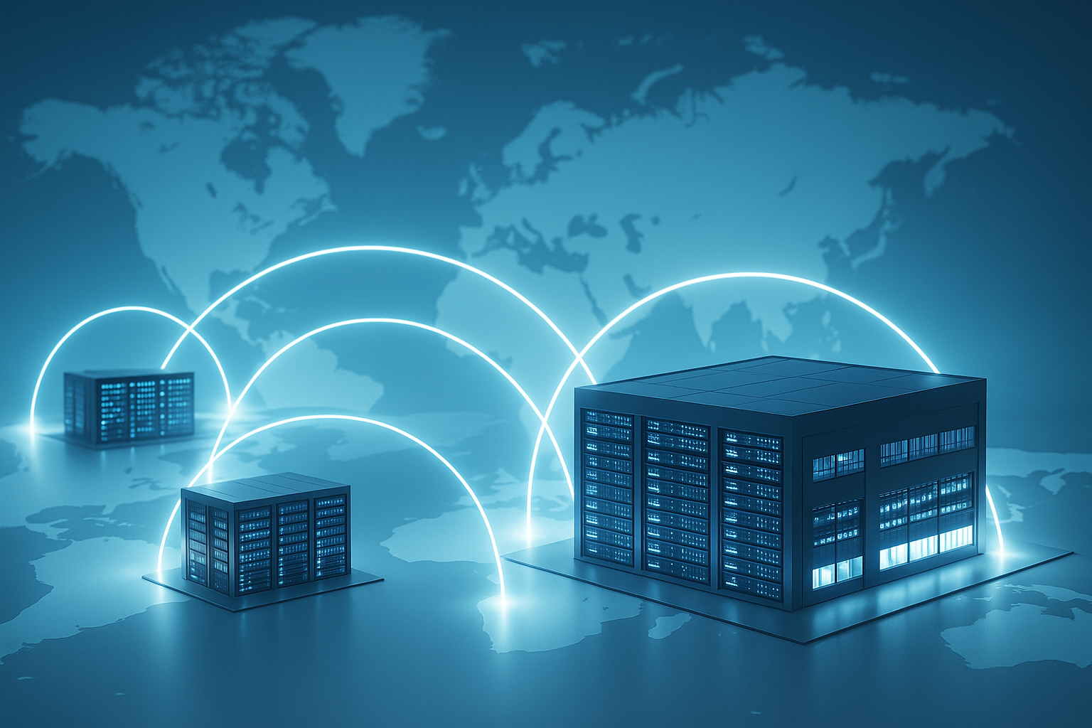 Rappresentazione fotorealistica di una rete CDN con server e flussi di dati in tutto il mondo