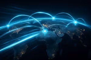 Fotorealistische Darstellung eines globalen CDN-Servers, der Daten für eine schnelle WordPress-Website bereitstellt