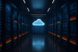 Fazenda de servidores moderna para hospedagem em nuvem com gabinetes de servidores azuis brilhantes