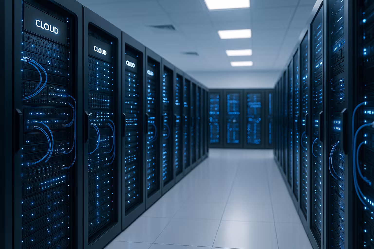 Moderna infrastruttura di server cloud in un data center professionale con rack di server illuminati