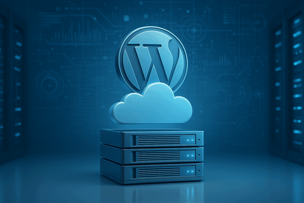 Serwer w chmurze z ikoną WordPress i nowoczesną infrastrukturą