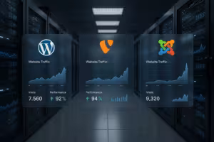 Server room and digital dashboard with CMS logos WordPress, TYPO3, Joomla and traffic analysis