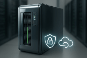 Nowoczesny serwer OpenLiteSpeed w centrum danych z panelem sterowania i ikonami chmury