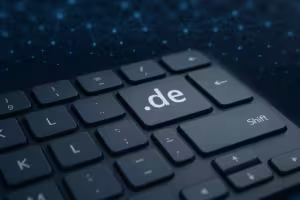 Fotorealistische Tastatur mit leuchtender '.de'-Taste für günstige Domain.