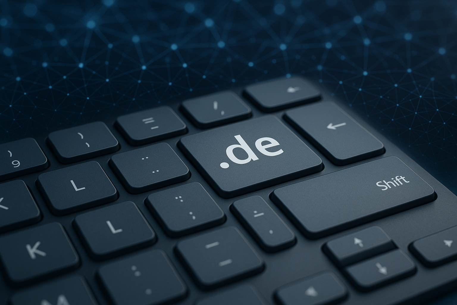 Teclado fotorrealista con tecla '.de' iluminada para un dominio favorable.