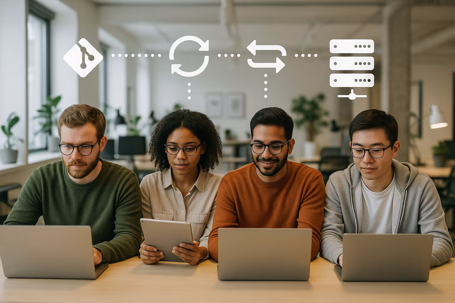 Echipa de dezvoltare lucrează împreună pe Git și CI/CD în găzduire partajată