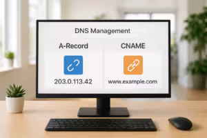 Управление DNS с помощью A-Record и CNAME в прямом сравнении на современном экране