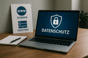 Stație de lucru cu laptop și notebook, simbol pentru găzduirea de domenii anonime și protecția datelor