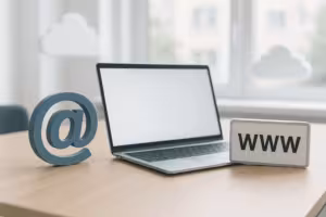 Cena de escritório com computador portátil, símbolo de correio eletrónico e sinal de domínio para registo de domínio