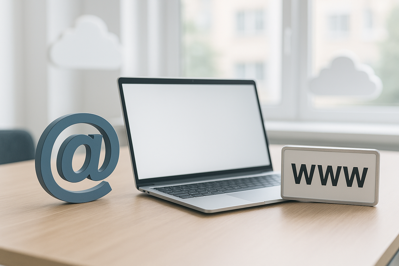 Biuro scena su nešiojamuoju kompiuteriu, el. pašto simboliu ir domeno registracijos ženklu