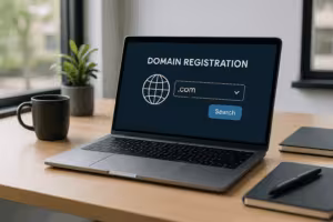 Înregistrare gratuită a domeniului pe laptop într-un mediu de lucru modern