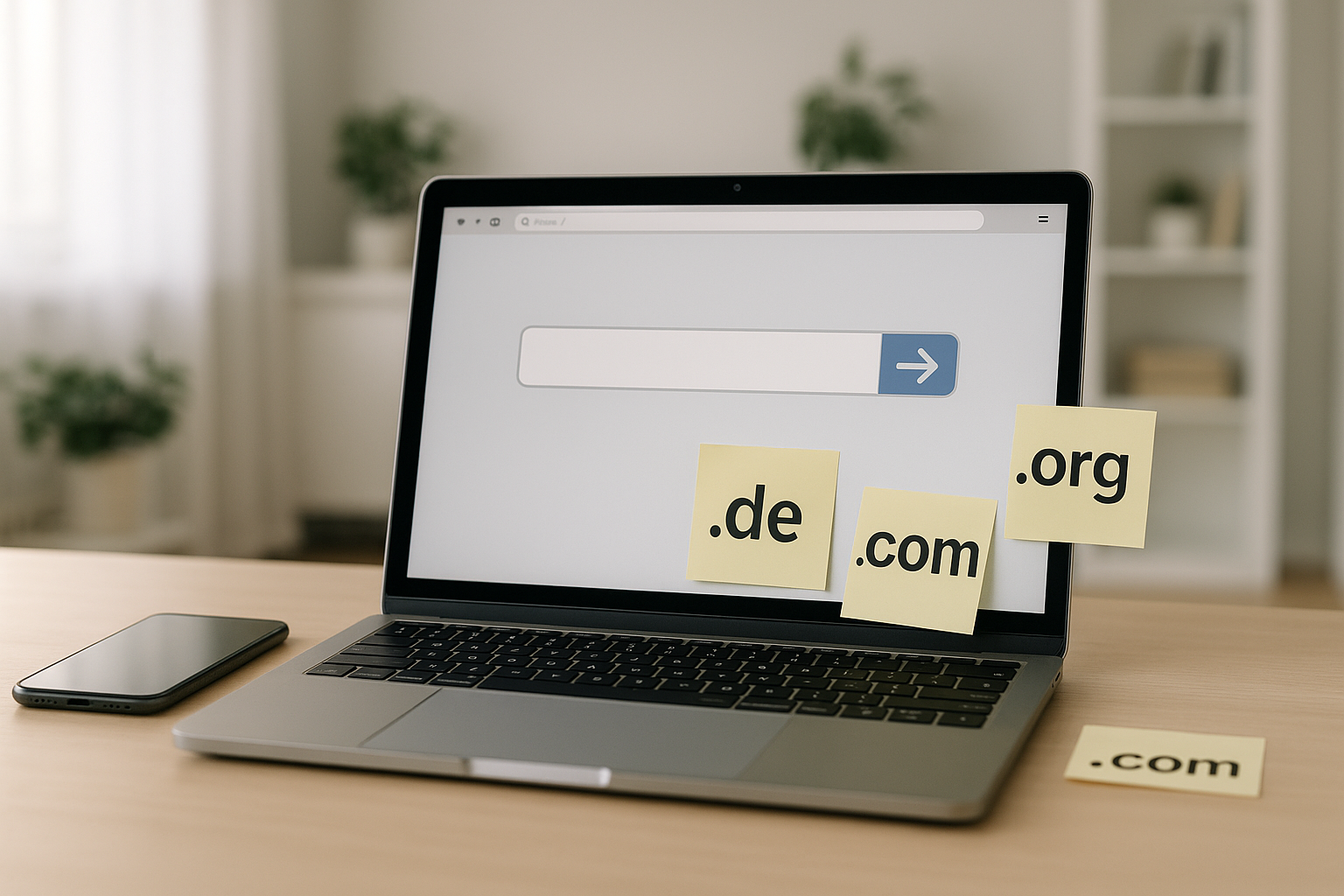 Postazione di lavoro moderna con laptop e domini, simboli di inoltro visivo