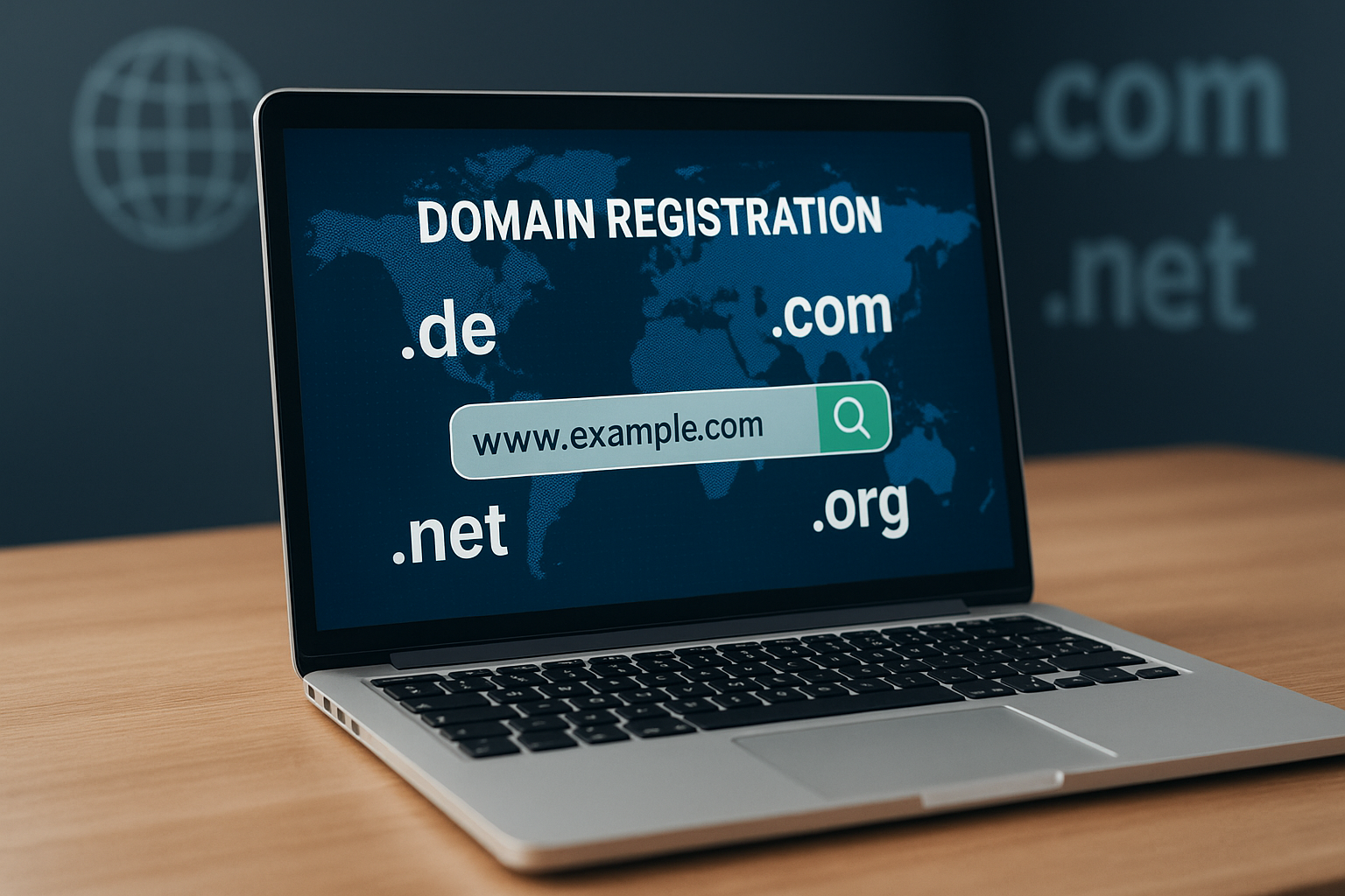 Il computer portatile sulla scrivania mostra il processo di registrazione del dominio con le estensioni di dominio digitali