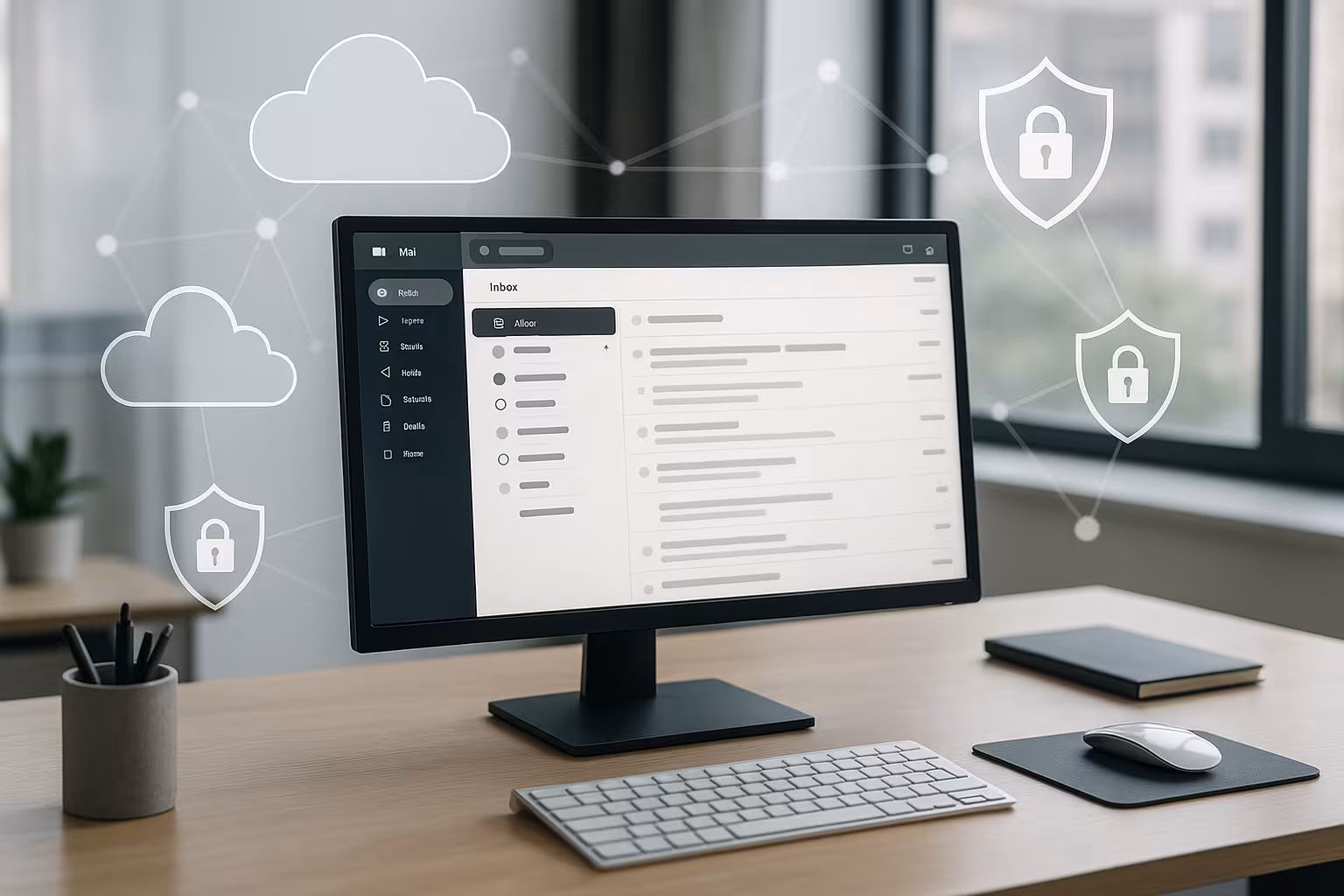 Moderni darbo vieta su el. pašto skydeliu ir saugumo grafika