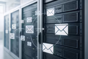 電子メールの移行過程にある最新の電子メールサーバーをフォトリアリスティックに表現。