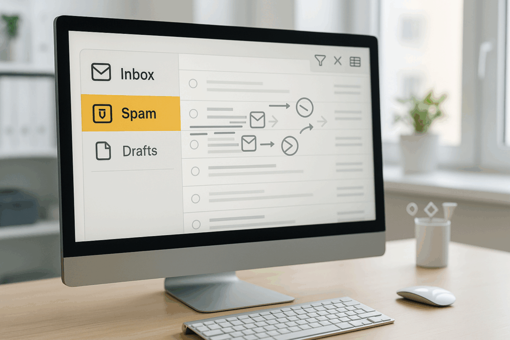 Prejeto in neželena pošta sta druga ob drugi z označenimi e-poštnimi sporočili v svetlem, sodobnem okolju.