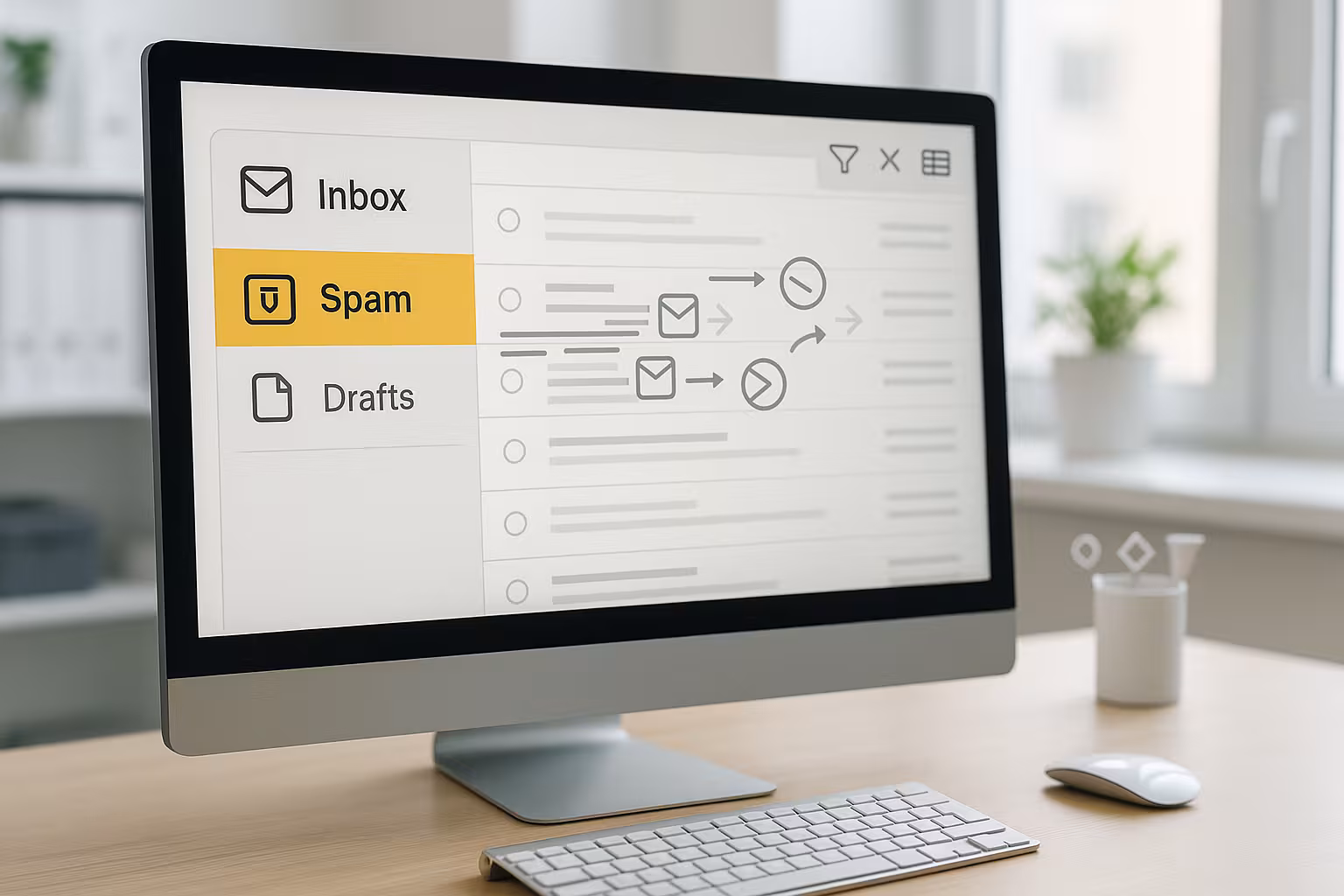 Posta in arrivo e cartella spam una accanto all'altra con e-mail contrassegnate in un ambiente luminoso e moderno