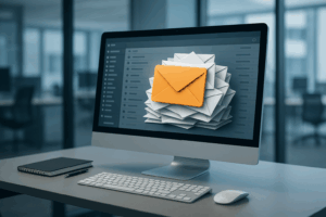 Casella di posta elettronica Strato sovraffollata sul monitor di un moderno computer, ambiente di lavoro