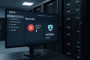 Plesk Fail2Ban security dashboard on server monitor, modern server room
