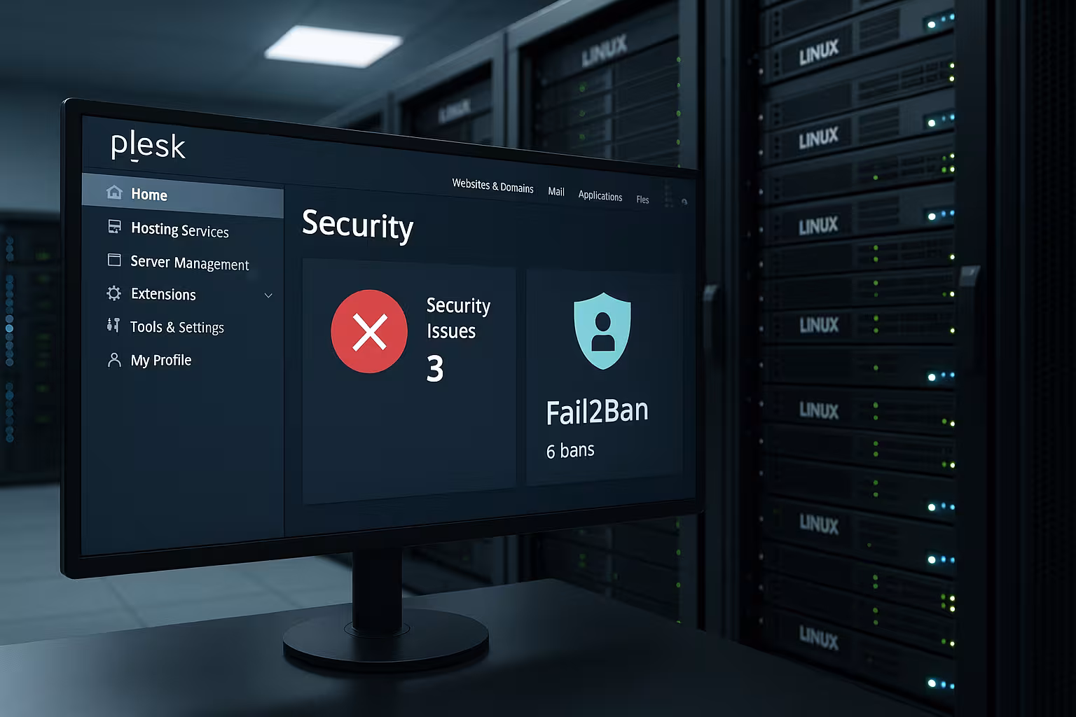 Cruscotto di sicurezza Plesk Fail2Ban sul monitor del server, sala server moderna