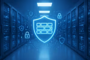 Sala de servidores con cortafuegos y protección Fail2ban, aspecto de seguridad moderno